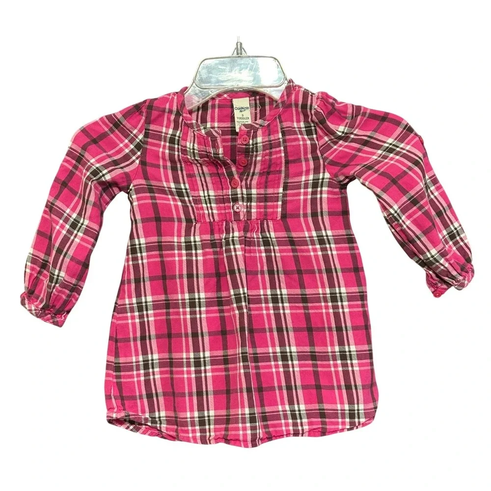 OshKosh B'gosh Toddler Girls Pink Plaid Button Front Long Sleeve Dress Sz 3T‎